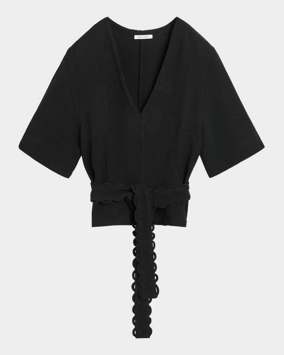 Ullas Elbow-Sleeve Belted Crepe Blouse